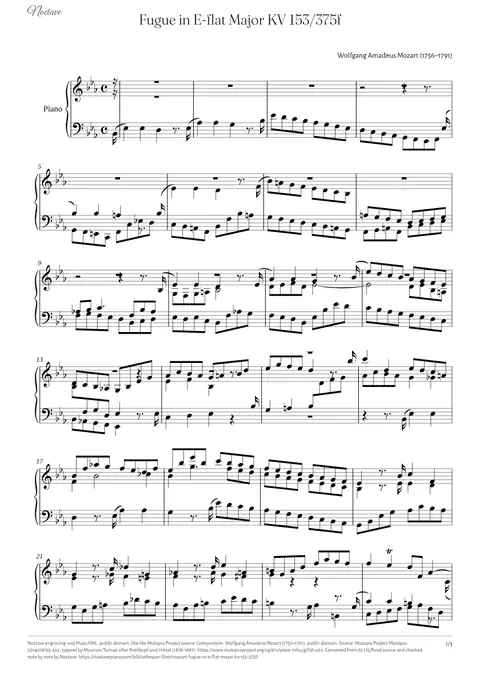 First page of the score of Fugue in E-flat Major KV 153/375f