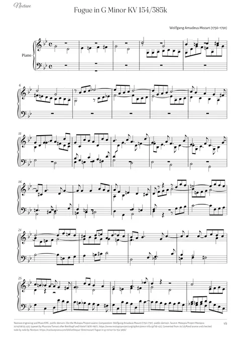 First page of the score of Fugue in G Minor KV 154/385k