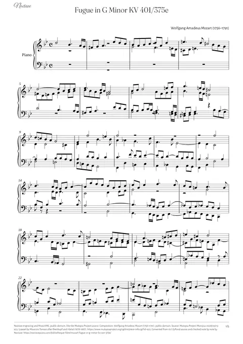 First page of the score of Fugue in G Minor KV 401/375e