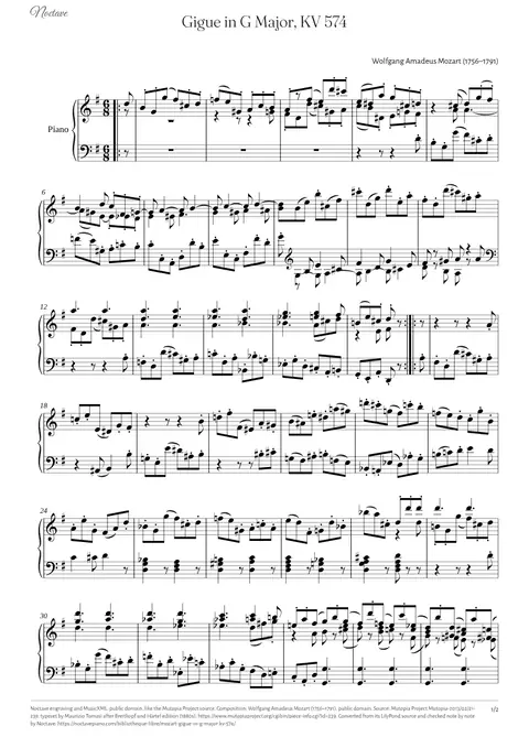Première page de la partition de Gigue in G Major, KV 574
