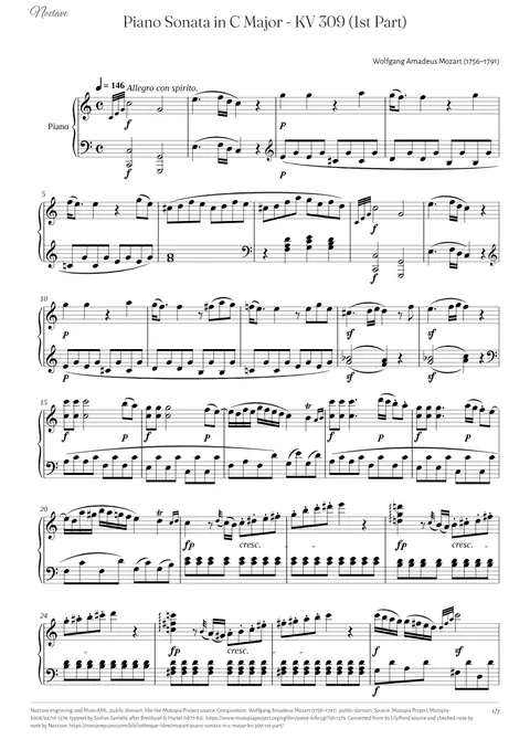 Première page de la partition de Piano Sonata in C Major - KV 309 (1st Part)