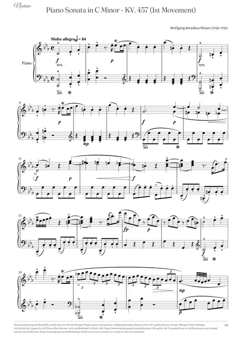 Première page de la partition de Piano Sonata in C Minor - KV. 457 (1st Movement)
