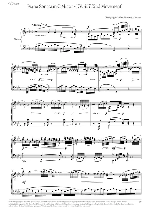 Première page de la partition de Piano Sonata in C Minor - KV. 457 (2nd Movement)