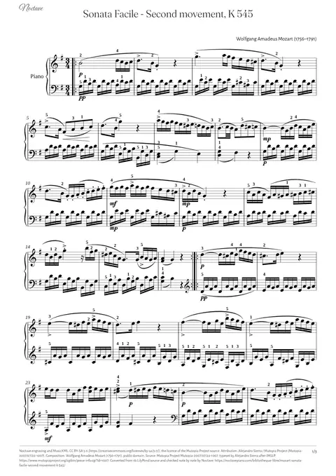 First page of the score of Sonata Facile - Second movement, K 545