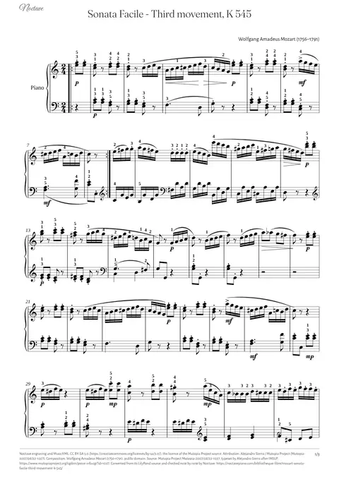 Première page de la partition de Sonata Facile - Third movement, K 545