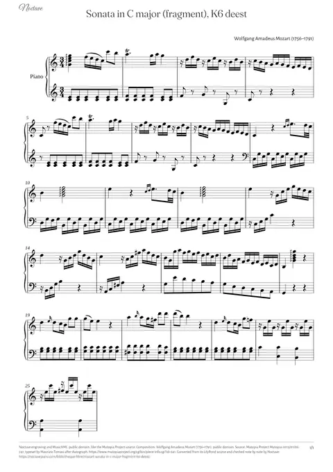Première page de la partition de Sonata in C major (fragment), K6 deest