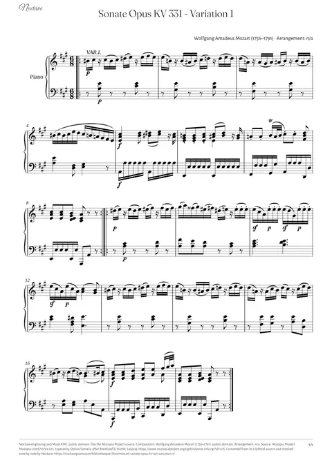 First page of the score of Sonate Opus KV 331 - Variation 1