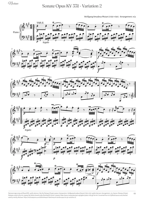 First page of the score of Sonate Opus KV 331 - Variation 2