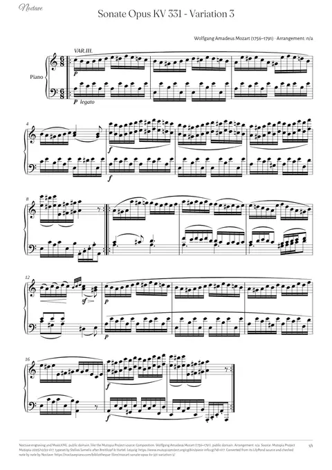 Première page de la partition de Sonate Opus KV 331 - Variation 3