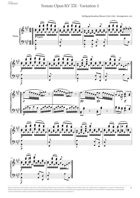 Première page de la partition de Sonate Opus KV 331 - Variation 4