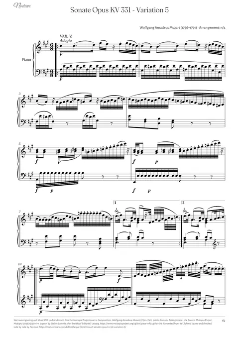 Première page de la partition de Sonate Opus KV 331 - Variation 5
