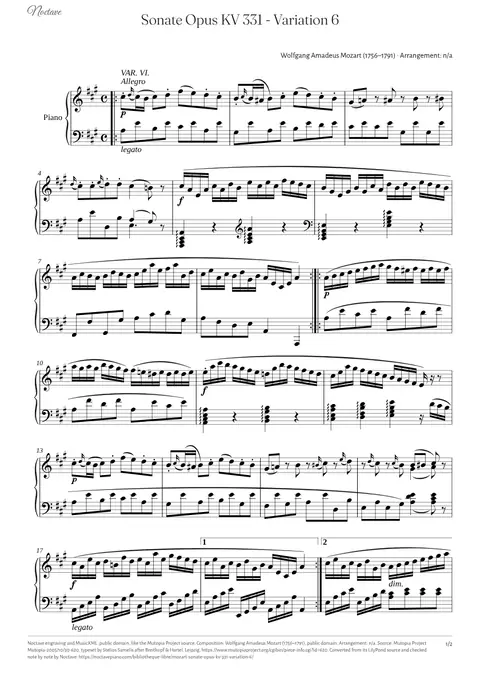 Première page de la partition de Sonate Opus KV 331 - Variation 6