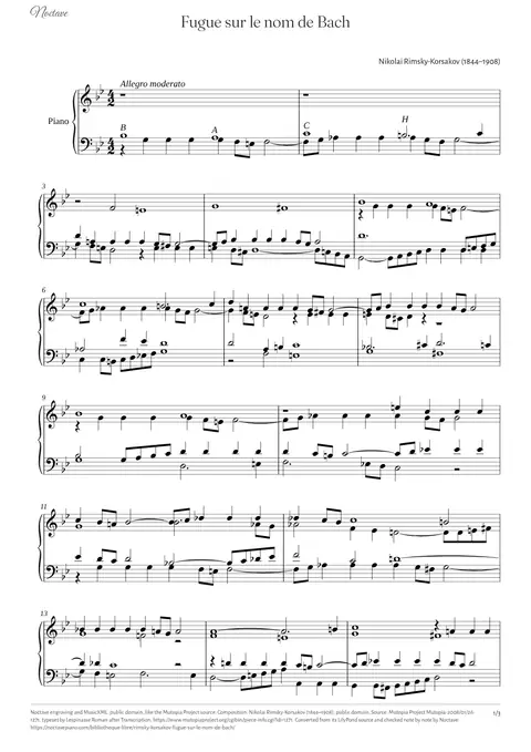 Première page de la partition de Fugue sur le nom de Bach
