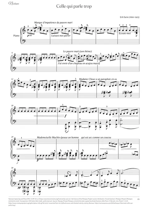 Première page de la partition de Celle qui parle trop