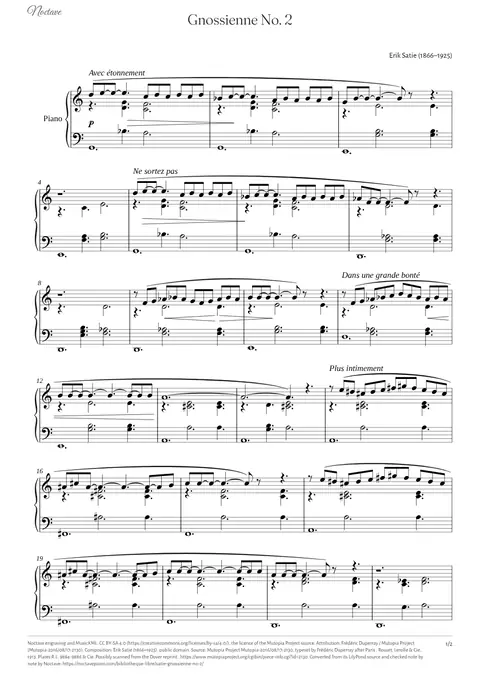 Première page de la partition de Gnossienne No. 2