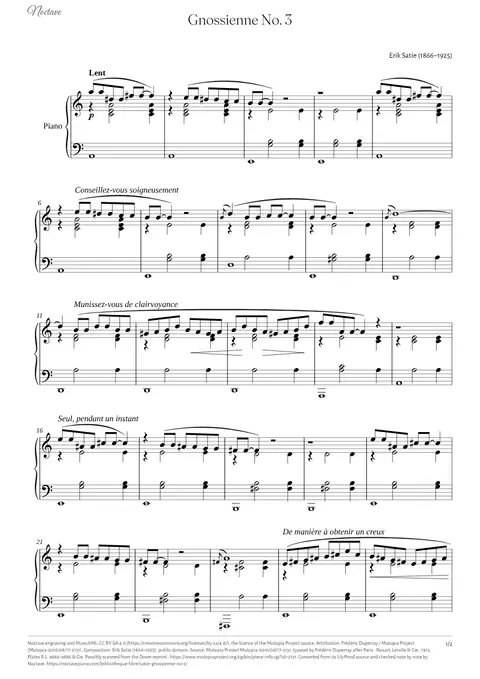 Première page de la partition de Gnossienne No. 3