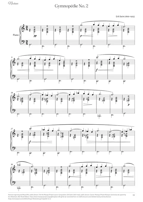 Première page de la partition de Gymnopédie No. 2