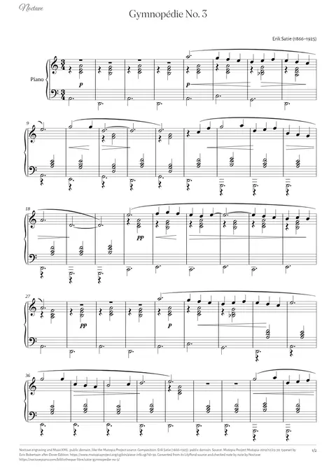 Première page de la partition de Gymnopédie No. 3