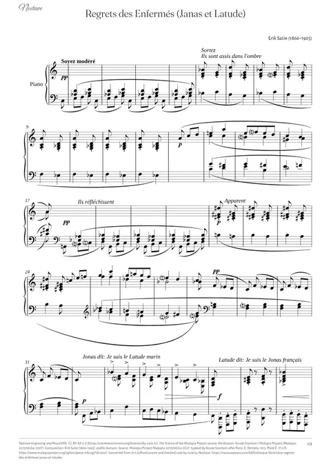 First page of the score of Regrets des Enfermés (Janas et Latude)