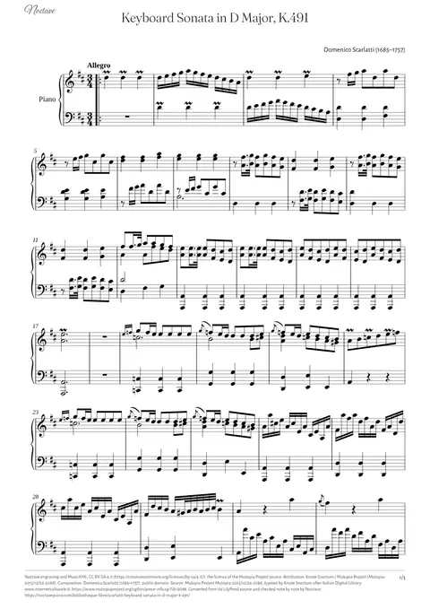 First page of the score of Keyboard Sonata in D Major, K.491