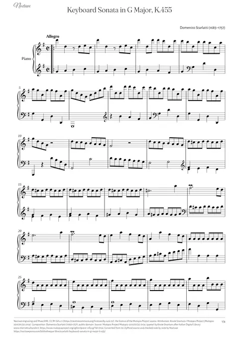 Première page de la partition de Keyboard Sonata in G Major, K.455
