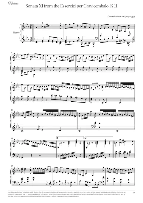 Première page de la partition de Sonata XI from the Essercizi per Gravicembalo, K 11