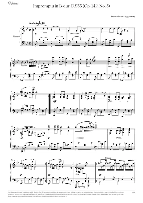 Première page de la partition de Impromptu in B-dur, D.935 (Op. 142, No. 3)