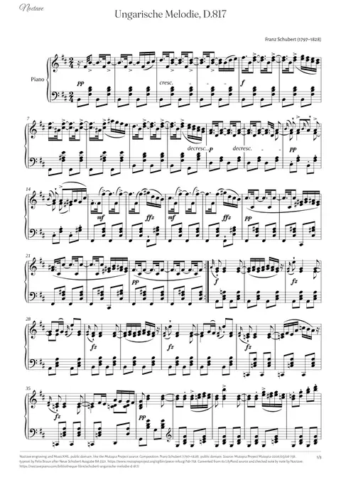 Première page de la partition de Ungarische Melodie, D.817