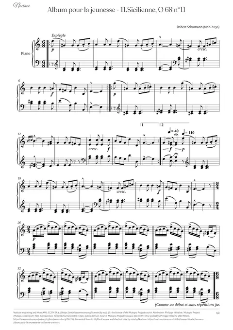 First page of the score of Album pour la jeunesse - 11.Sicilienne, O 68 n°11