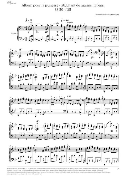 First page of the score of Album pour la jeunesse - 36.Chant de marins italiens, O 68 n°36