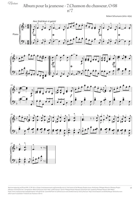 First page of the score of Album pour la jeunesse - 7.Chanson du chasseur, O 68 n°7