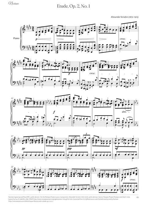 Première page de la partition de Etude, Op. 2, No. 1