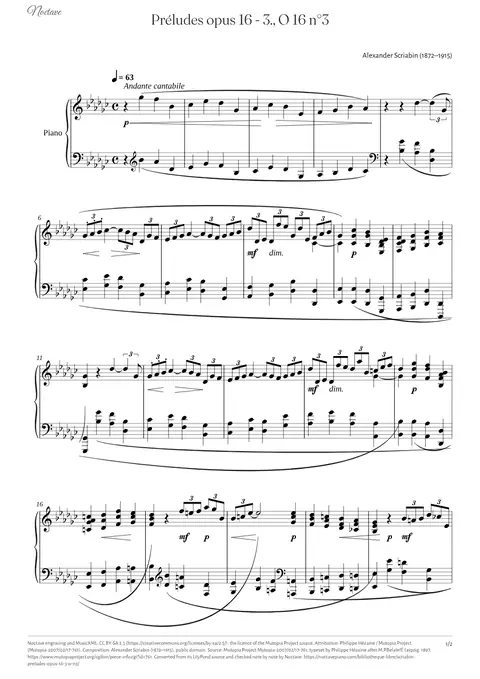 Première page de la partition de Préludes opus 16 - 3., O 16 n°3