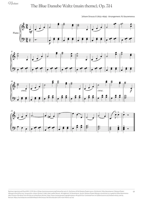 First page of the score of The Blue Danube Waltz (main theme), Op. 314