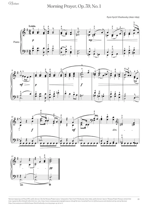 Première page de la partition de Morning Prayer, Op. 39, No. 1