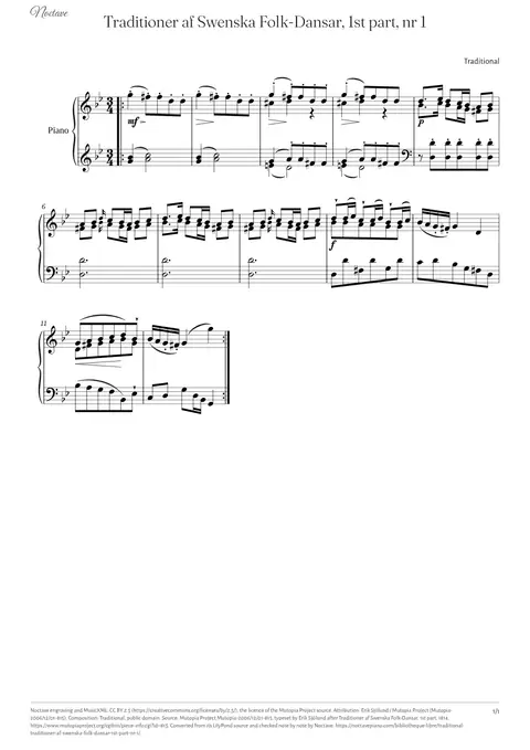 First page of the score of Traditioner af Swenska Folk-Dansar, 1st part, nr 1