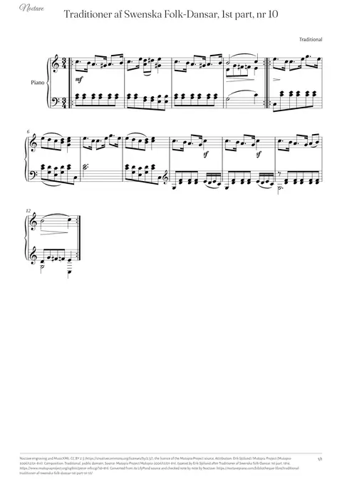 First page of the score of Traditioner af Swenska Folk-Dansar, 1st part, nr 10