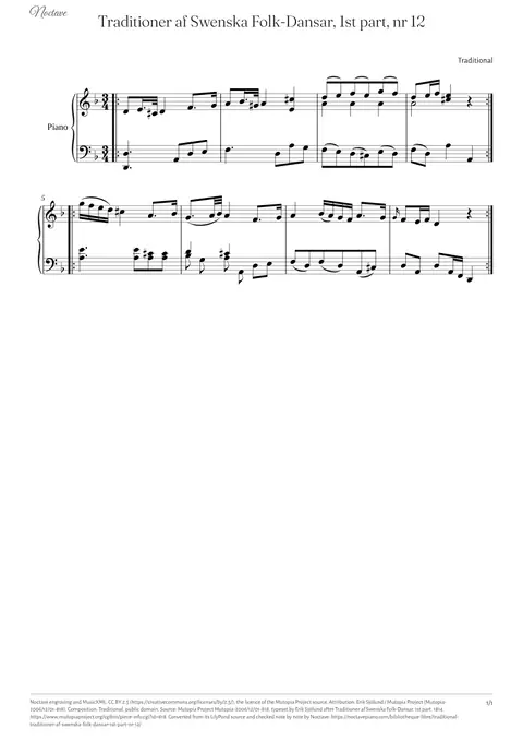 First page of the score of Traditioner af Swenska Folk-Dansar, 1st part, nr 12