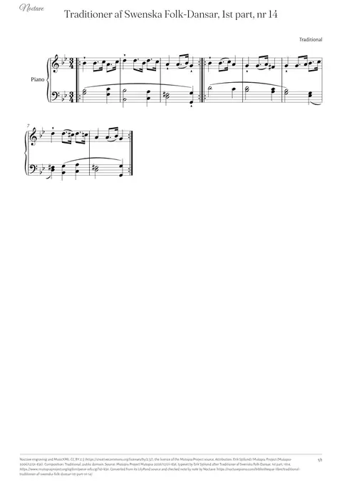 First page of the score of Traditioner af Swenska Folk-Dansar, 1st part, nr 14