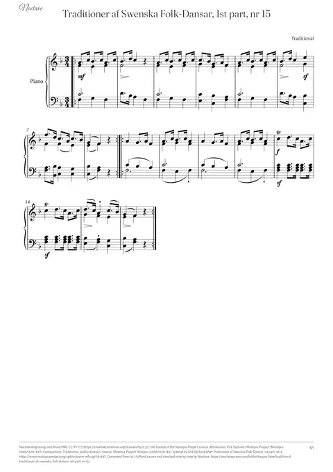 Première page de la partition de Traditioner af Swenska Folk-Dansar, 1st part, nr 15