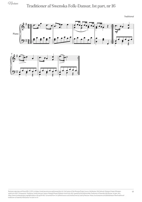 First page of the score of Traditioner af Swenska Folk-Dansar, 1st part, nr 16