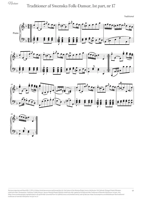 Première page de la partition de Traditioner af Swenska Folk-Dansar, 1st part, nr 17