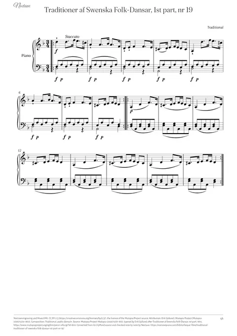 First page of the score of Traditioner af Swenska Folk-Dansar, 1st part, nr 19