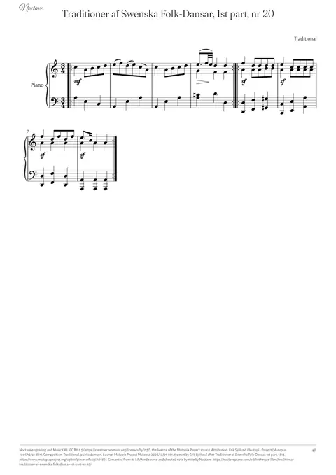 First page of the score of Traditioner af Swenska Folk-Dansar, 1st part, nr 20