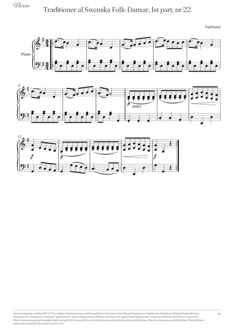 First page of the score of Traditioner af Swenska Folk-Dansar, 1st part, nr 22