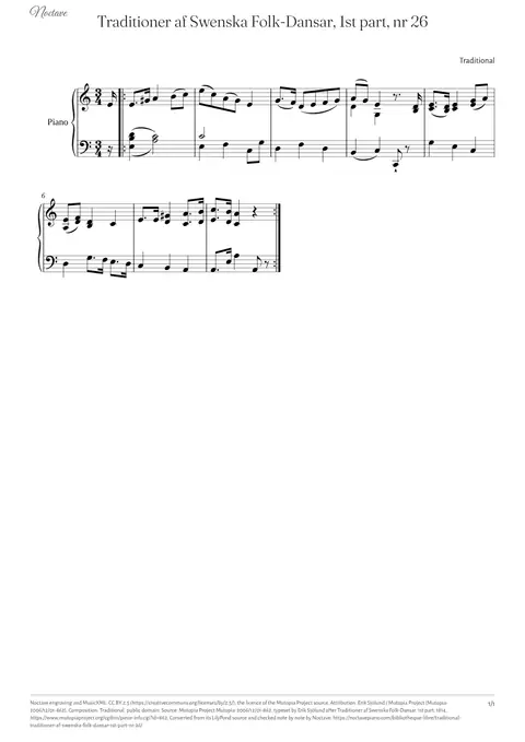 First page of the score of Traditioner af Swenska Folk-Dansar, 1st part, nr 26