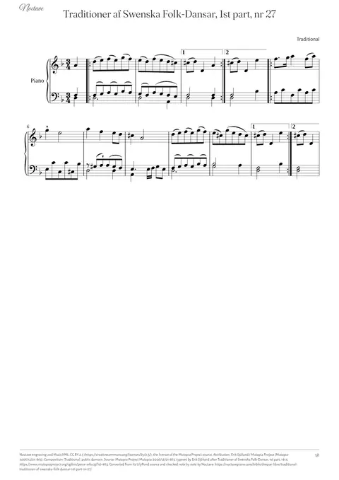 Première page de la partition de Traditioner af Swenska Folk-Dansar, 1st part, nr 27