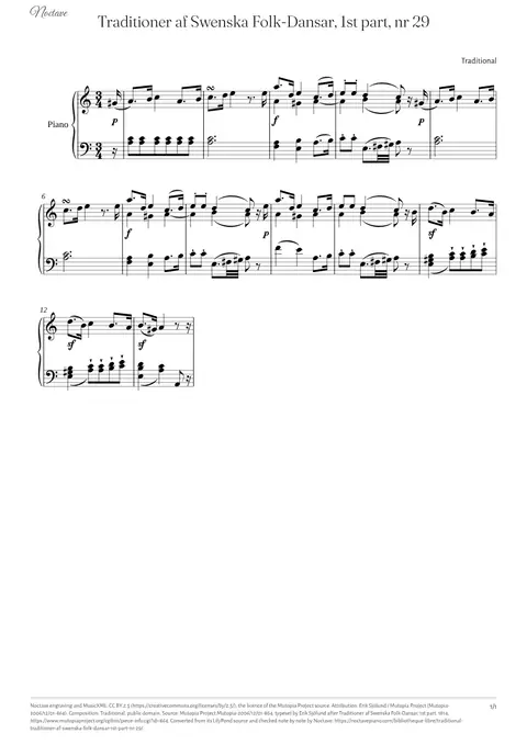 Première page de la partition de Traditioner af Swenska Folk-Dansar, 1st part, nr 29