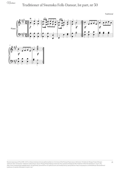First page of the score of Traditioner af Swenska Folk-Dansar, 1st part, nr 30