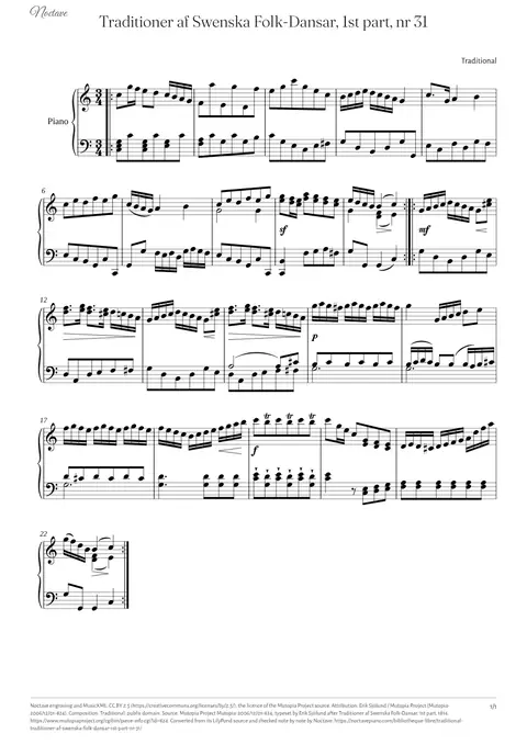First page of the score of Traditioner af Swenska Folk-Dansar, 1st part, nr 31